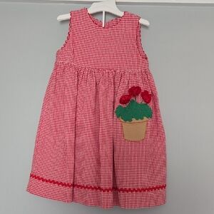 Red Gingham Kids Casual Dress with Floral Patch